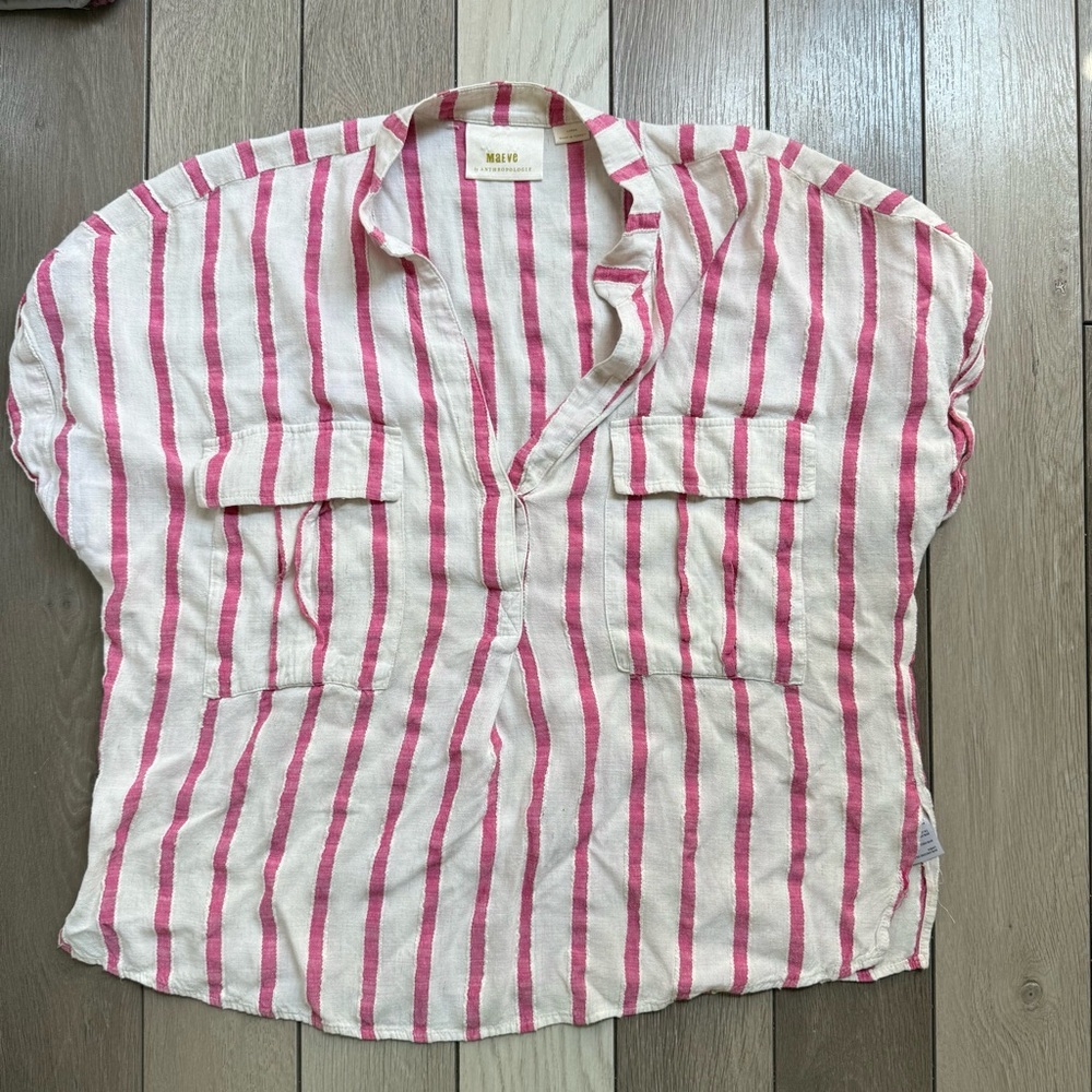 Anthropologie Pink and White Striped Linen Blend Buttonless Blouse